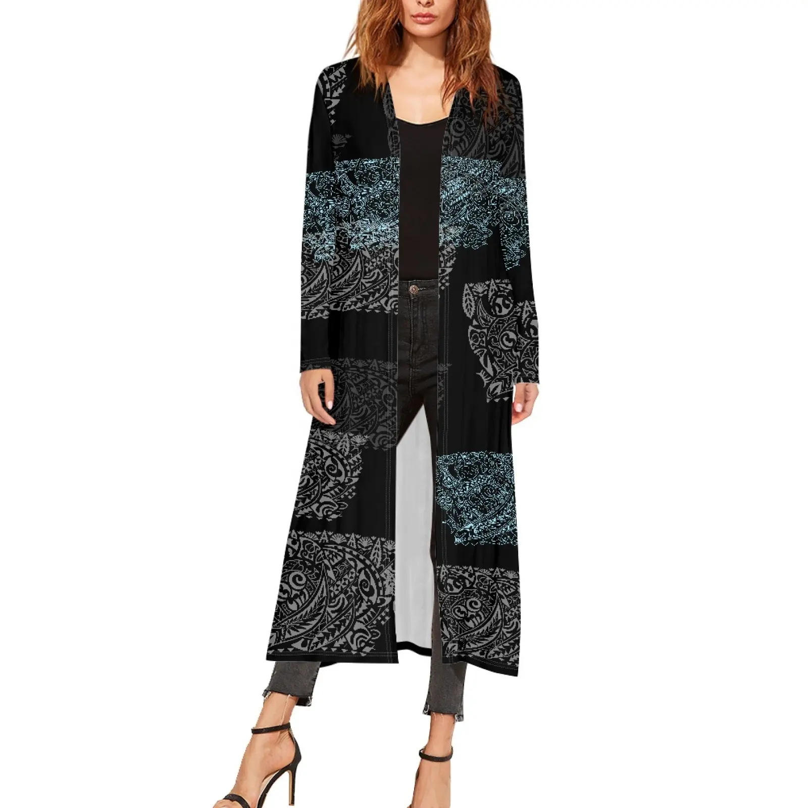 2022 new design black vintage tapa tribal print elegant women kimono cardigan tapa open front plus size cardigan coat
