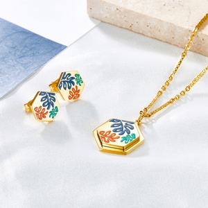 Ensemble de bijoux en acier inoxydable tendance, best-seller, luxe léger, ensemble de boucles d'oreilles et collier, plaqué or 18 carats, pour femmes - Product Image 6