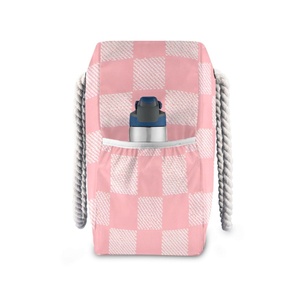 Sac de plage pour femme personnalisé à carreaux roses, grande capacité, avec poignée en corde naturelle, sacs de plage pour les vacances d'été et les voyages - Product Image 2