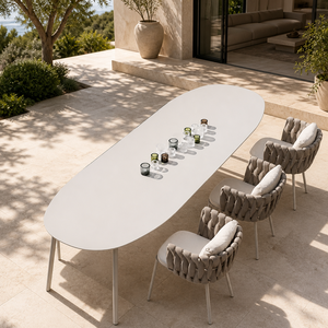Set <span class=keywords><strong>da</strong></span> Pranzo <span class=keywords><strong>da</strong></span> <span class=keywords><strong>Giardino</strong></span> con Sedie in Corda Intrecciata, Sedute Imbottite, <span class=keywords><strong>Tavolo</strong></span> Ovale, Stile Nordico, Arredamento per Patio e Terrazza - Product Image 2
