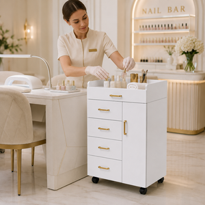 <span class=keywords><strong>Chariot</strong></span> de Salon de Coiffure en Bois à 4 Roues avec Tiroirs Multiples et Accents Dorés pour Salon de Beauté Professionnel et Espace de Travail pour Extensions de Cils - Product Image 2