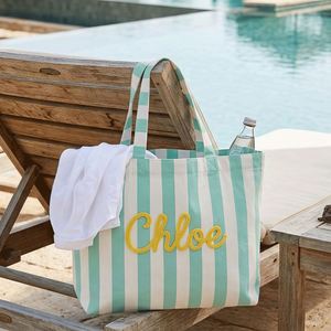 Sac fourre-tout carré personnalisé pour enseignant, en toile brodée, à rayures multicolores, pour la plage ou l'organisation de la salle de classe - Product Image 1