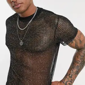 Kaus pria King Mcgreen Star kaus Dalaman seksi jaring berkilau tembus pandang blus transparan atasan klub tipis seksi lengan pendek