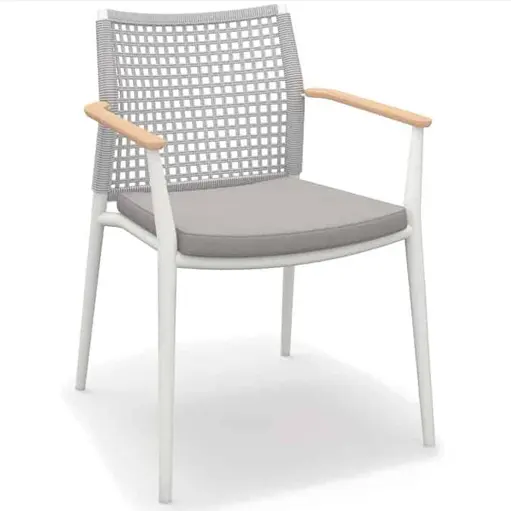 Chaise de salle à manger avec cadre en aluminium, siège avec accoudoir en bois de teck tissé, pour toutes les décor, livraison directe, usine