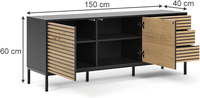 Meuble TV à larges lattes effet chêne, meuble bas à ouverture par pression, cadre anthracite, pieds métalliques, console multimédia pour salon avec 3 tiroirs