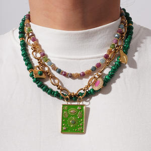 INS风格不锈钢多层塔罗牌项链天然孔雀石毛衣链 - Product Image 1