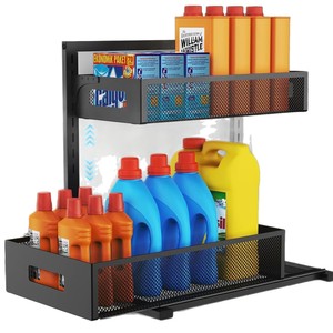 <b>Pull</b> <b>Out</b> <b>Kitchen</b> Storage Rack Under Sink Sliding <b>Basket</b> Organizer Two Layers Black Removable Cabinet Organizer - Product Image 5