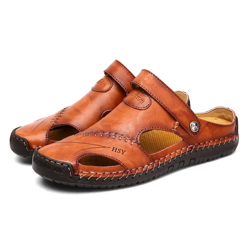 Dynamics Spring Summer Men's Fashion Large Size Sandals Vintage Adjustable Sewing Causal Flats Hollow-out Leather Soft-soled