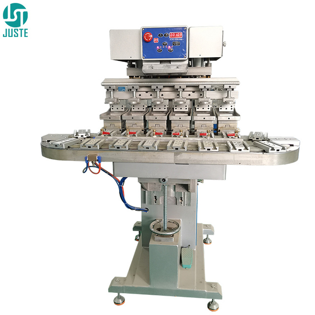 6 Colors Easy Pad Printing Machine Conveyor Semi-Automatic Pad Printer for Wristbands Neck Care Label Nylon Ribbon Micro Sd Card