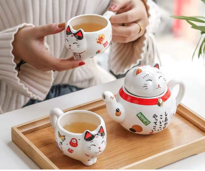 MAGICLULU Service à Thé Céramique Maneki Neko - Théière Et 2 Tasses Pour Maison Et Voyage