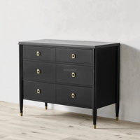 Commode à six tiroirs noire de style français avec quincaillerie dorée, élégante commode de rangement pour chambre à coucher et armoire autoportante pour la décoration intérieure