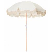 Maßgefertigter Luxus Boho Tragbarer UV50+ Strandschirm mit Holzstange Weiße Quasten für Sand Outdoor Picknick Garten Pool