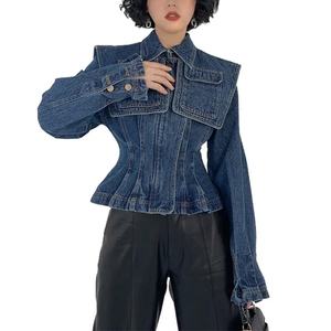 Novedades: Chaqueta vaquera corta ajustada de manga larga con solapa azul y bolsillos para mujer - Product Image 1