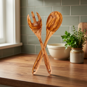 Juego de cuchara y tenedor para servir ensalada de madera, diseño minimalista, utensilios duraderos con mango largo para uso en fiestas - Product Image 3