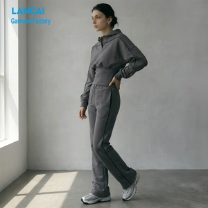 Custom Athleisure Wear Manufacturer Women Contrast Piping Cinched Waist Hoodie and Straight Leg Pants Two Piece Sweatsuits <b>Set</b> - Product Image 2