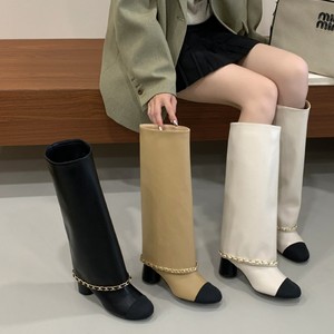 Haut de gamme pour Style abricot <span class=keywords><strong>noir</strong></span> en cuir véritable <span class=keywords><strong>talon</strong></span> épais pantalon bottes femmes hiver chevalier sur le genou bottes longues - Product Image 1