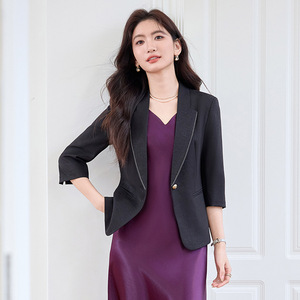Women's Mid Sleeve Lightweight Blazer Solid Color Polyester Breathable Casual Suit Dress Slim Fit Summer Wear - Product Image 4