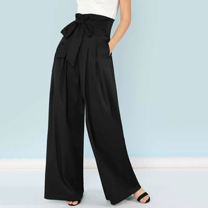 Casual Fashion Long Belted Knot Pocket Zipper Pants Women Wide-Leg Solid Lace Up Trousers Self Belted Box Pleated Palazzo Pants