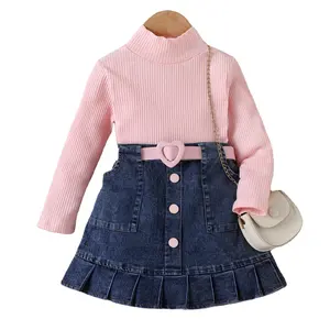 Toddler girls boutique New arrival long sleeve solid knitting rib T-shirt and jeans skirt with heart belt clothing set for kids