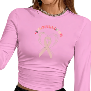Camiseta de Manga Larga Rosa para Concientización sobre el Cáncer de Mama para Mujer, Estilo Y2K, Cuello Redondo, Tejido de Punto con Estampado de Listón, Spandex Poliéster - Product Image 1