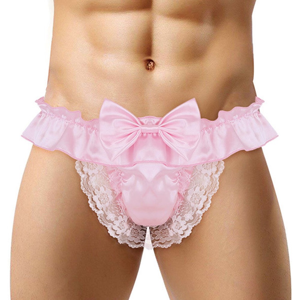 DE Herren Satin Slips Spitze Rüschen String Slips Sissy