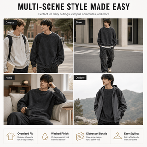 330G Heavyweight Washed Long Sleeve T-Shirt Men Raw Edge Distressed Crewneck Streetwear Sweatshirt Custom OEM Supplier Top - Product Image 4