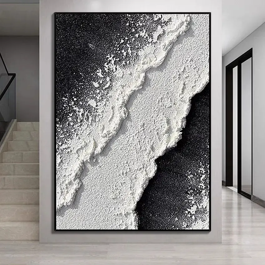 Arte em tela grande artesanal para decoração de hotel, pintura a óleo abstrata em parede, desenho preto e branco, moldura