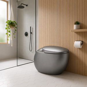 WC intelligent gris anthracite moderne avec bidet intégré, monobloc, forme œuf, sans rebord, siège chauffant, séchoir à air chaud, chasse d'eau automatique - Product Image 5