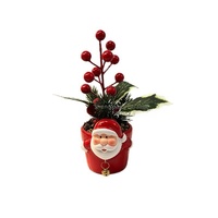 Pot de fleurs en céramique peint à la main style Père Noël, rouge, semi-artisanal, style américain, baies, branches de pin, floral de Noël