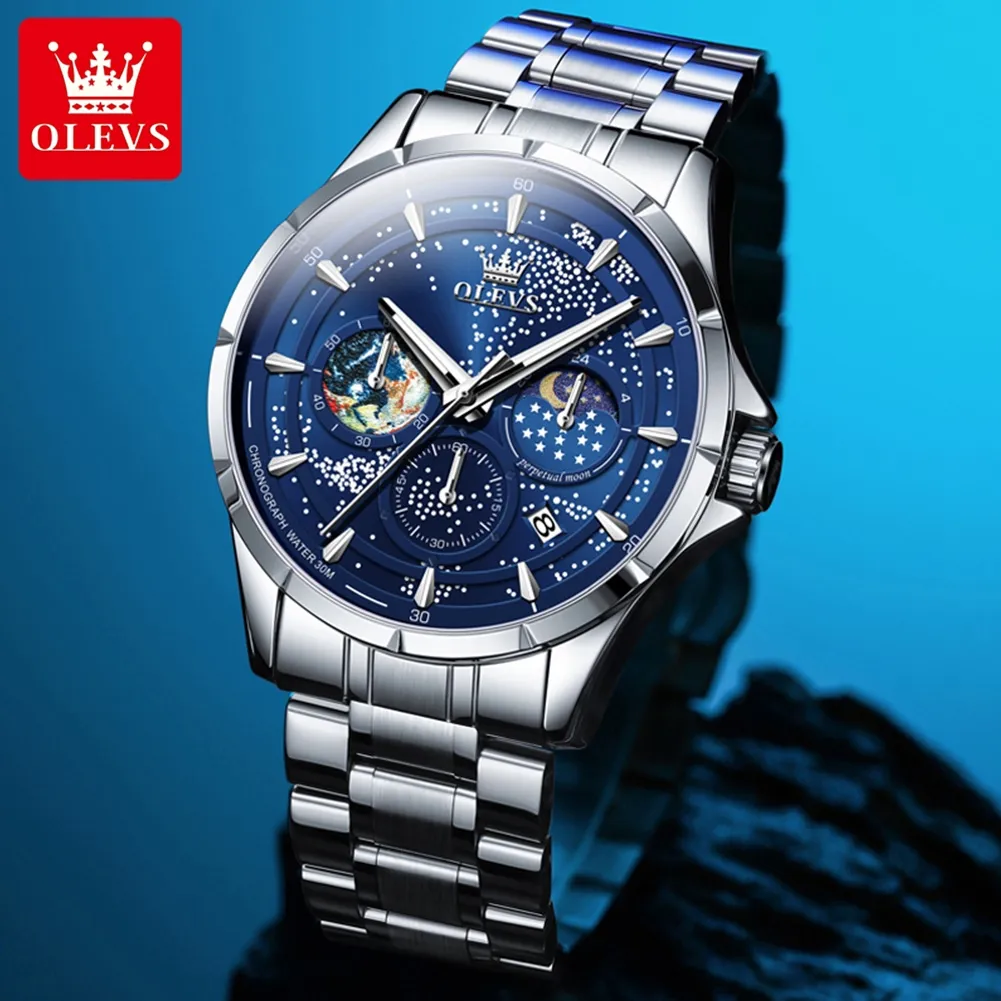 OELVS 5538 Moda venda quente oem mens relógios pulseira de couro genuíno em aço inoxidável fase da lua luxo pulso relógios homens