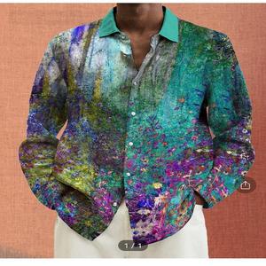 Camisas Casuales de Manga Larga con Cuello Mao para Hombre, Antiarrugas, Popelina, Estampado por Descarga, Transpirables, 100% Algodón - Product Image 3