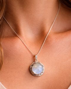 925 Sterling Silver Moonstone Round Pendant Necklace Minimalist Handmade Gemstone Jewelry Elegant Women Gift Jewelry - Product Image 2