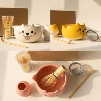 En stock – Vente en gros – Ensemble fouet à matcha japonais personnalisé avec logo, motif dessin animé mignon, bol en céramique Chawan, fouet en bambou Chasen et cuillère