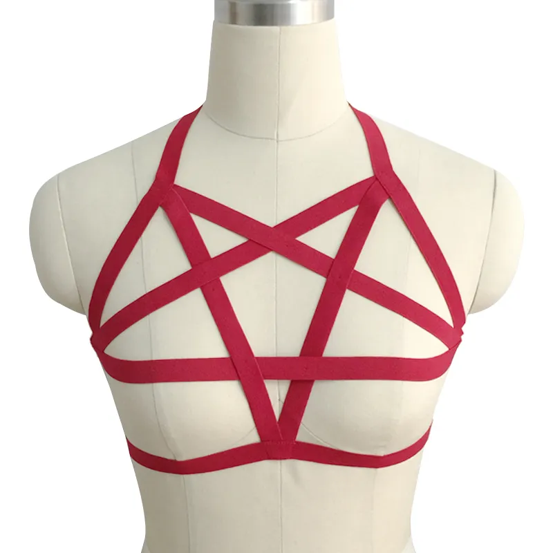 Karneval Party Hollow Out Open Harness BH Rote Polyester Pentagramm erotische Dessous Frauen