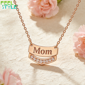 Collana con Ciondolo Ipoallergenico per la Festa della <span class=keywords><strong>Mamma</strong></span>, in Acciaio Inossidabile Placcato Oro 18K PVD, con Incisione MOM & DAD e Inserto in Zirconia Cubica - Product Image 6