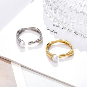 Wholesale Open Cuff square Shaped Gold Plated <b>Rings</b> Stainless Steel Pearl <b>Ring</b> - Product Image 2
