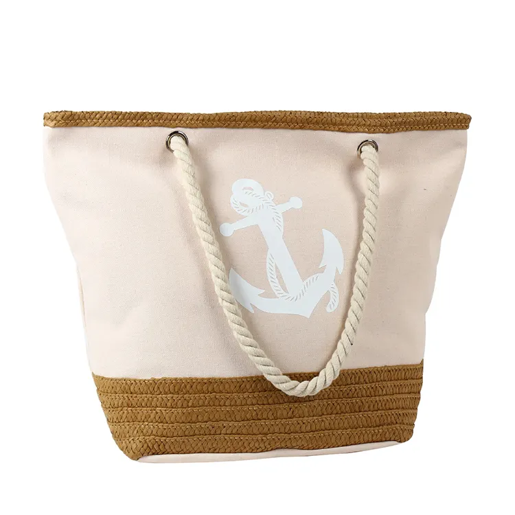 Custom Printed Logo Women Girls Beige Cotton and Straw Woven Beach Tote Bag for Traveling Shopping Grocery