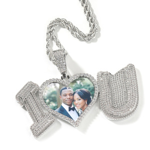 Regalo personalizzato per anniversario di matrimonio personalizzato con <span class=keywords><strong>cuore</strong></span> d'oro rosa con borchie "i Love u" foto ciondoli personalizzati con zircone CZ ghiacciato - Product Image 2
