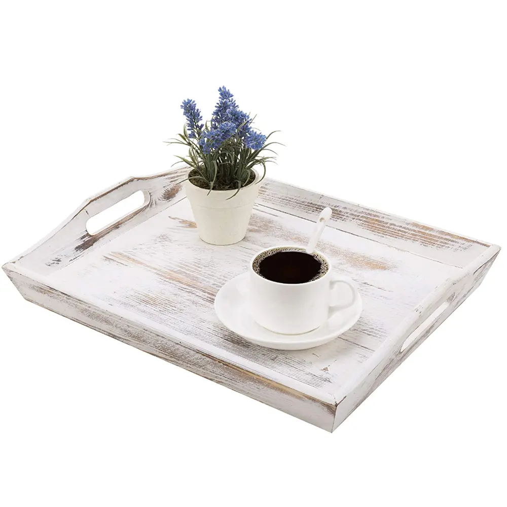 Raffinierte und elegante 16-inch Shabby Whitewashed Holz Frühstück Tablett mit Ausschnitt Griffe für home bauernhaus küche