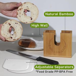 Bamboo Bagel & Bun Slicer Wooden <b>Bread</b> Cutter Rack For Kitchen Use With Stainless Steel <b>Knife</b> 12 In Blade - Product Image 5