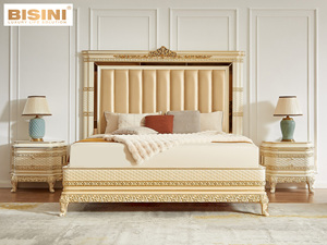 Bisini doré ivoire européen Antique en bois sculpté à la main ensemble de chambre à coucher rembourré <span class=keywords><strong>King</strong></span> Queen Size mariage en bois massif - Product Image 1