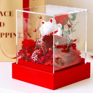 Lichtenergie aufladen Chinese Lucky Wealth Gold Waving Hand Beckoning konservierte Blume Lucky Cat Maneki von