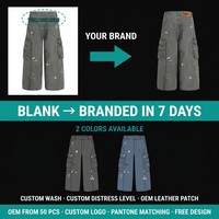 Pantalon cargo évasé vintage effet vieilli, coupe ample à jambe empilée, couture incurvée, style streetwear, taille mi-haute, personnalisable OEM, faible MOQ