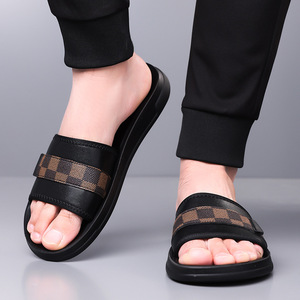 Sandalias de Playa para Hombre, Diseño Veraniego, Punta Abierta, Parte Superior de PU, Suela de EVA Antideslizante, Patrón a Cuadros, Casuales - Product Image 4