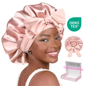 ワイドバンド調整可能タイボンネットカスタムボンネットロゴ付きレディーススリープキャップ卸売ダブルレイヤーサテンヘアバンドピンク - Product Image 1