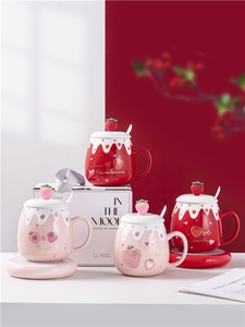 Regalos de Cumpleaños, Tazas de Cerámica con Diseño de Fresa Rosa, 460 ml, 15 oz, para Bebidas Frías, Café, Té, Leche, con Tapa y Cuchara - Product Image 2