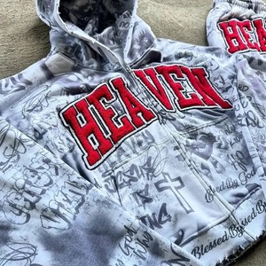 Thick Cotton French Terry Heavy Fleece Heayvweight 100% Cotton Dtg Custom All Over Print Flared Jogger Pants and Hoodie <b>Set</b> - Product Image 2