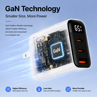 Chargeur rapide GaN 65W Type C PD avec affichage numérique, 3 ports en 1, prise murale pliable pour téléphone, ordinateur portable, tablette, logo personnalisé OEM, vente en gros