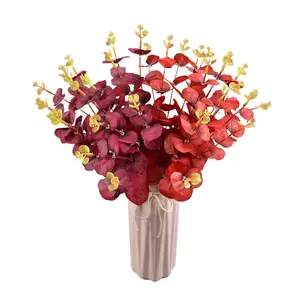 Estilo de moda Artificial 16 ramas no tejidas eucalipto vino hojas rojas bonsái interior colorido ramo de flores hoja de dinero para