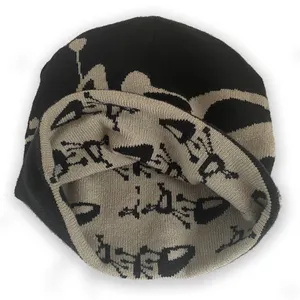 Topi rajut musim dingin, topi beanie akrilik uniseks Mode tanpa lipat desain terbalik topi rajut logo jacquard kustom